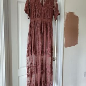 Altar'd State Lace Maxi Dress in Dusty Rose